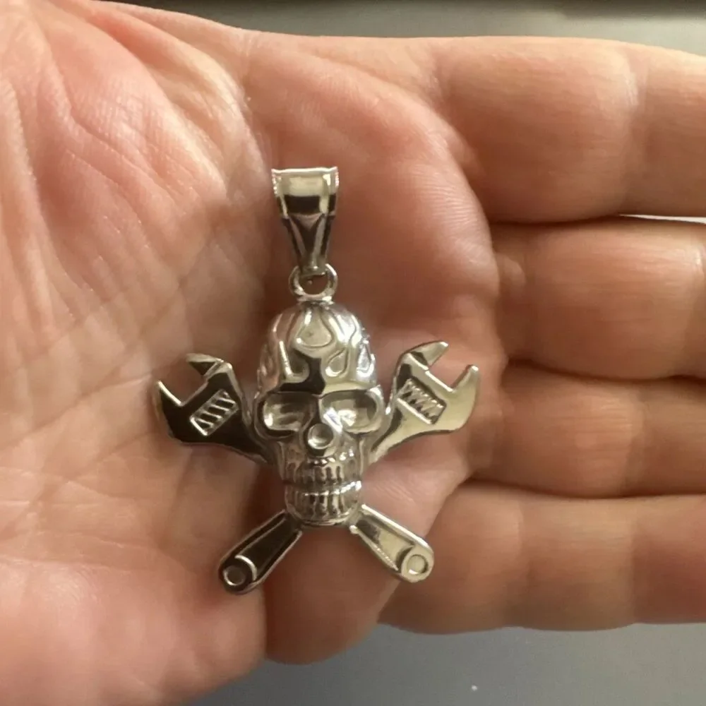 Skull Wrench Tools Silver Plated Stainless Steel Pendant 24” Chain Plumber Men’s